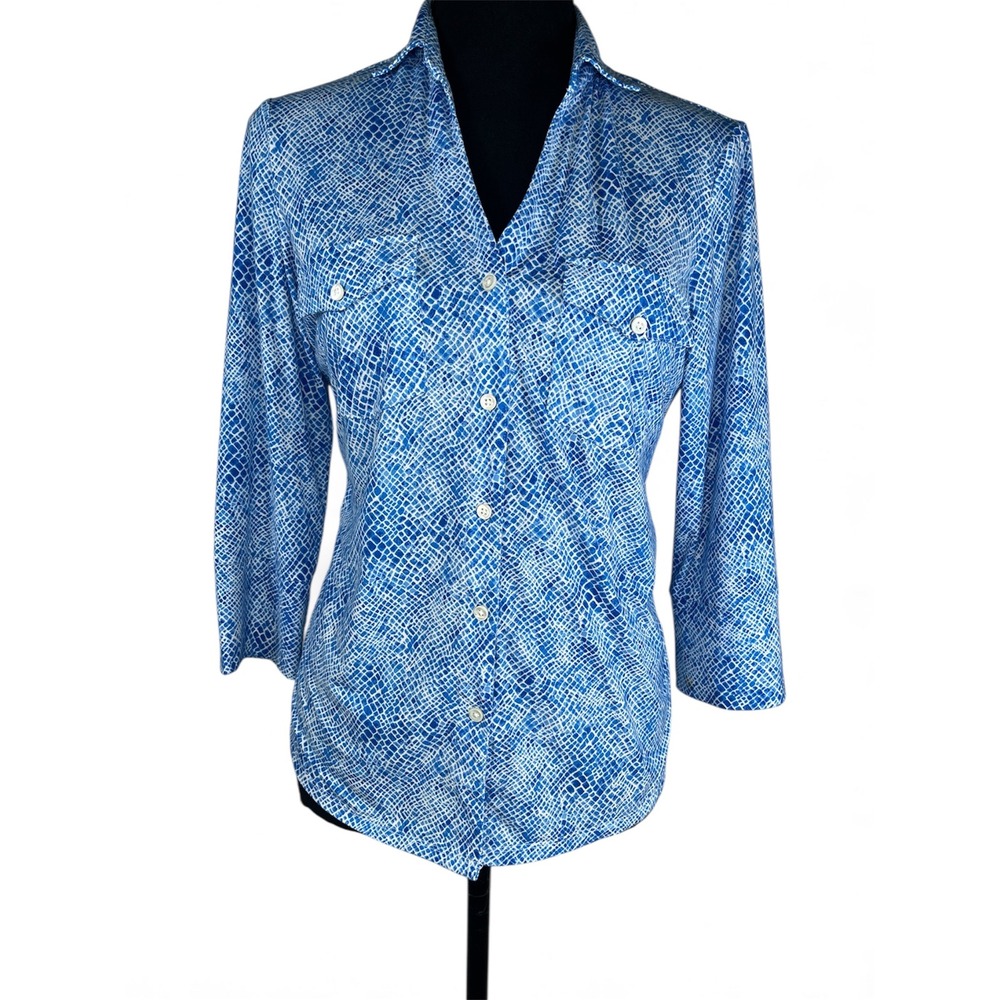 J McLaughlin Blue White Abstract Print Button Down Shirt Top Women's Size Small